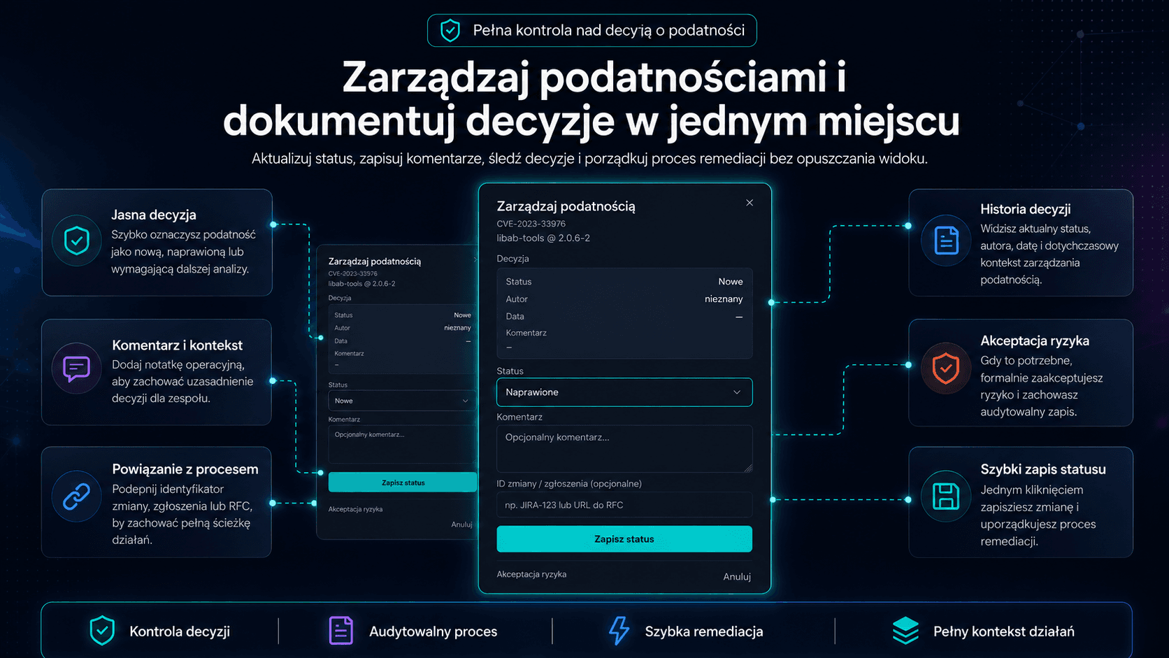 Zarządzanie podatnością - zmiana statusu, komentarz, ID zgłoszenia i akceptacja ryzyka z audytowalnym śladem